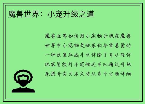 魔兽世界:小宠升级之道