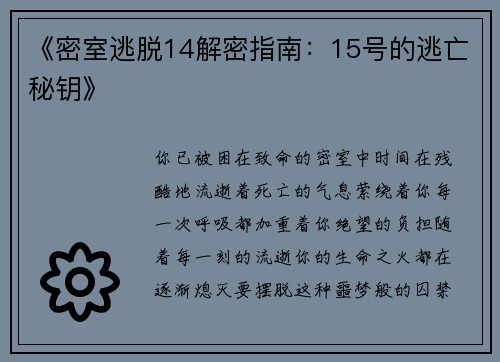 《密室逃脱14解密指南:15号的逃亡秘钥》